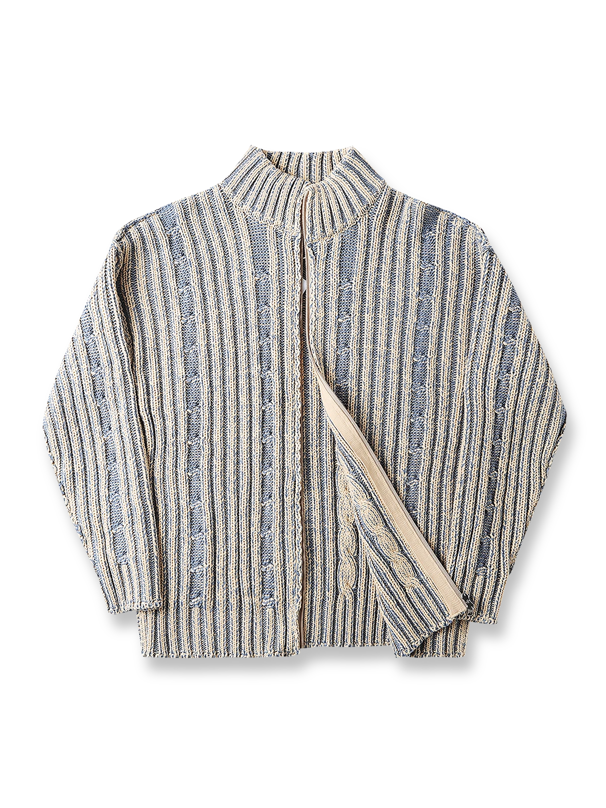 2色のローゲージ編みとダブルジップ仕様が特徴のスタンドカラーニット。