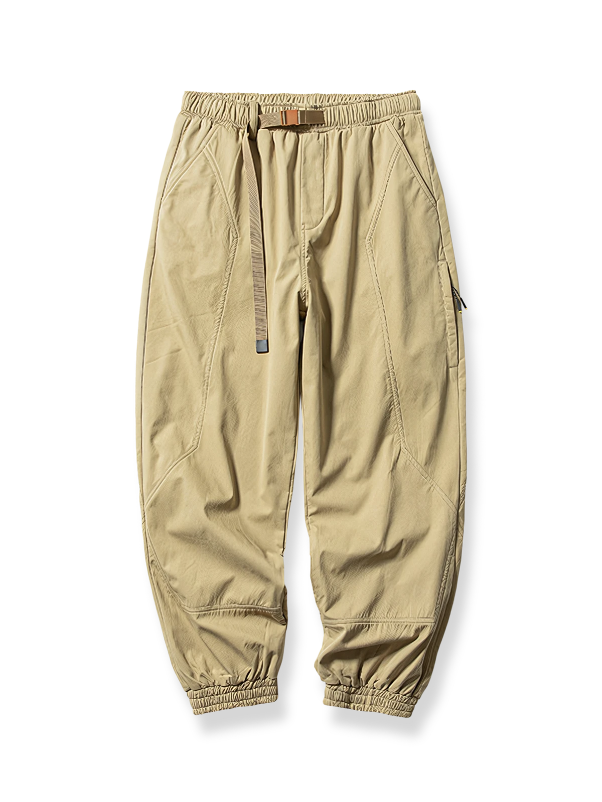 裾絞りとウェビングベルト付きのコットンスラックス