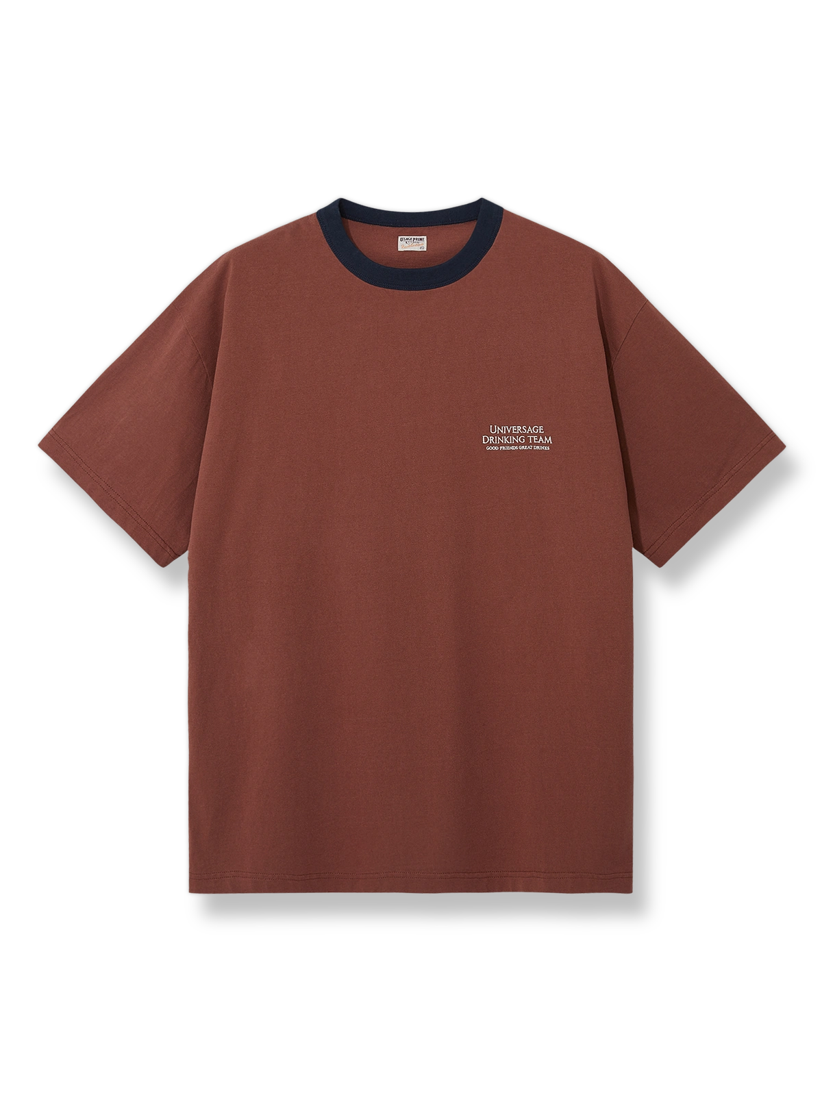 バインディングリブとDRINKING TEAM刺繍プリントが映えるヴィンテージ風Tシャツ。