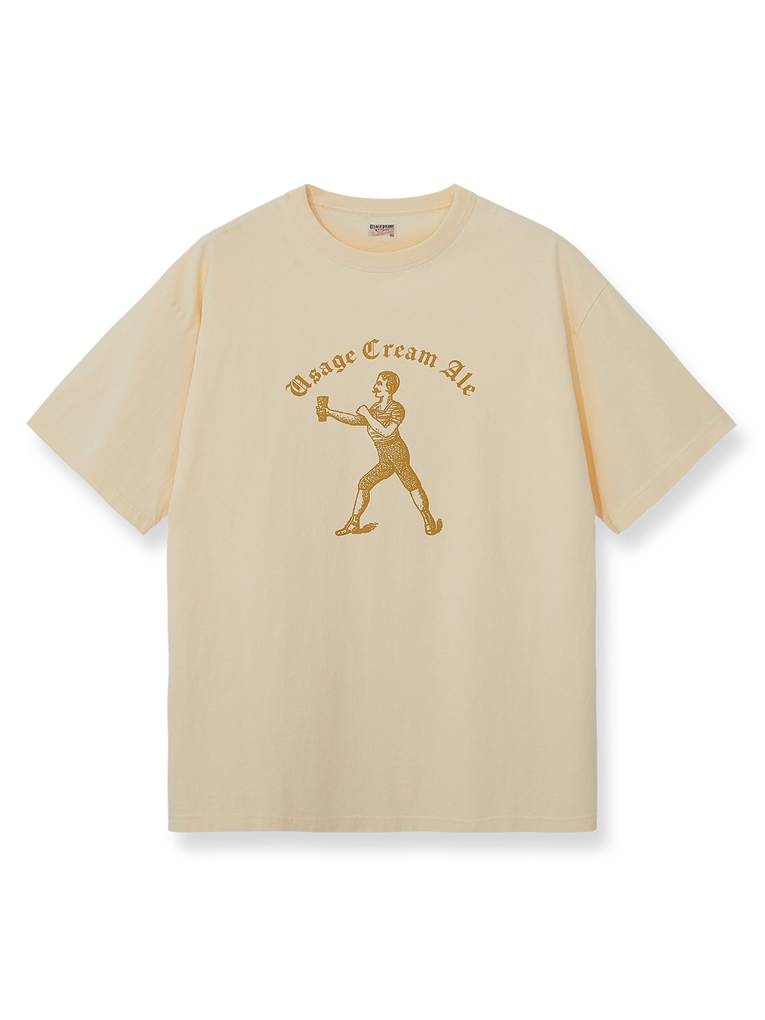 DRINKING TEAMロゴのジンジャーイエロー×アイボリー配色ヴィンテージTシャツ。