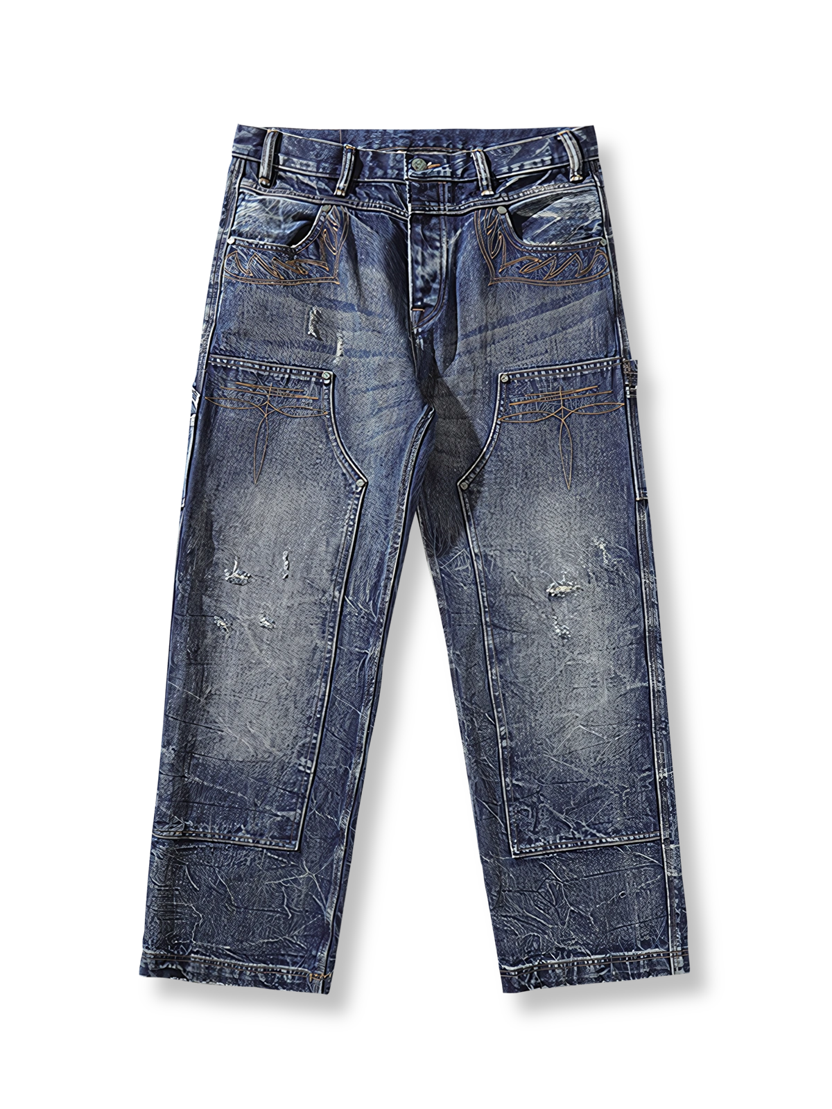 両膝クラッシュ加工セルビッジデニムワイドパンツ