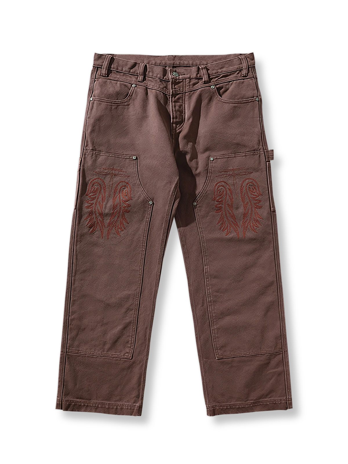 両膝刺繍加工のヴィンテージ風ハイウエストワイドレッグワークパンツ