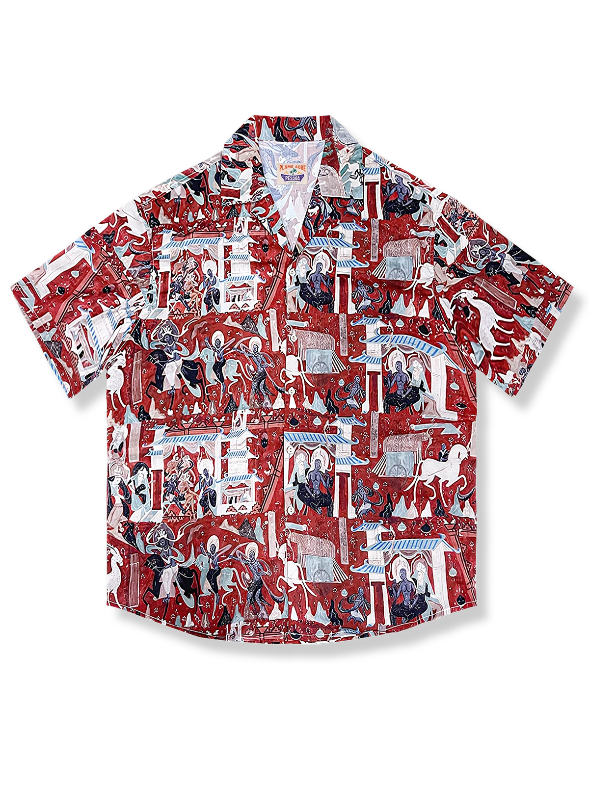 敦煌美術の九色鹿柄が特徴のルーズフィット半袖シャツ、高品質で通気性に優れた素材使用