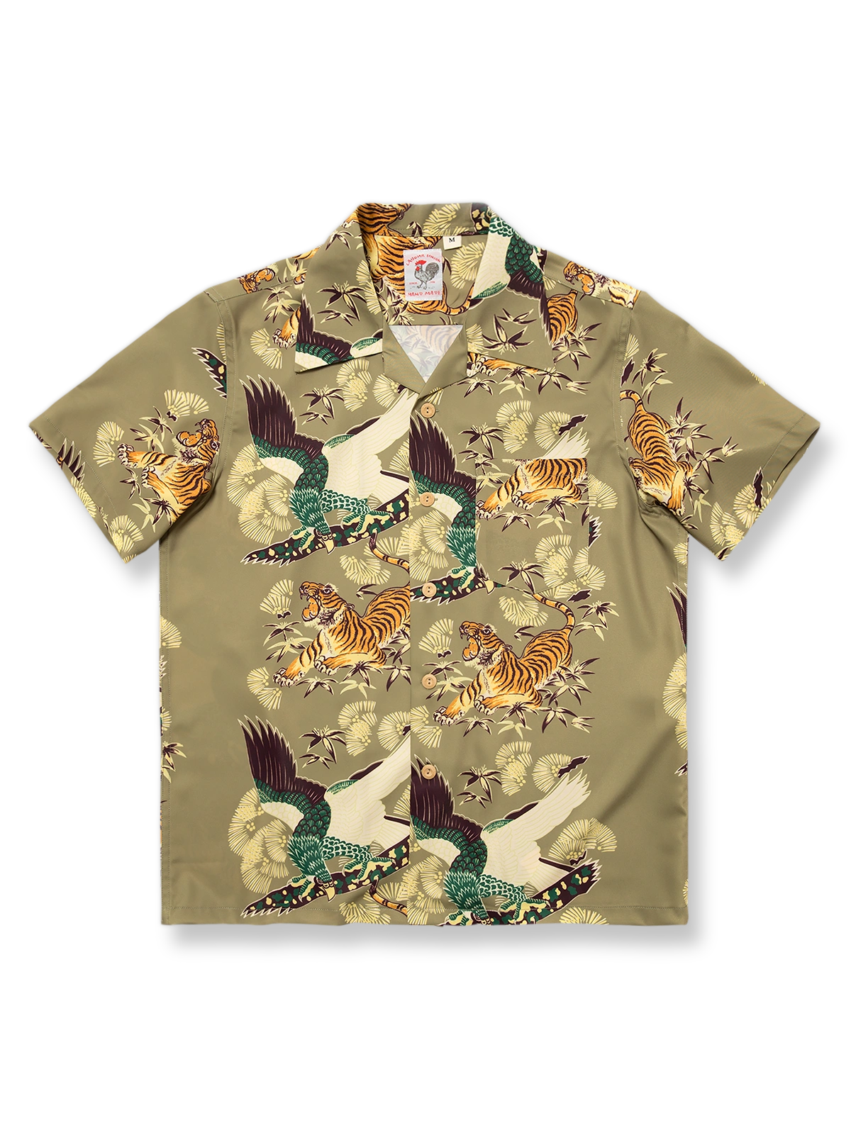 鷹と虎のプリントが施されたテンセルポリ混紡アロハシャツ