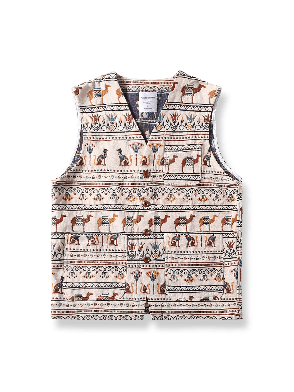 古代エジプト壁画風プリントが映える軽量ワークベスト