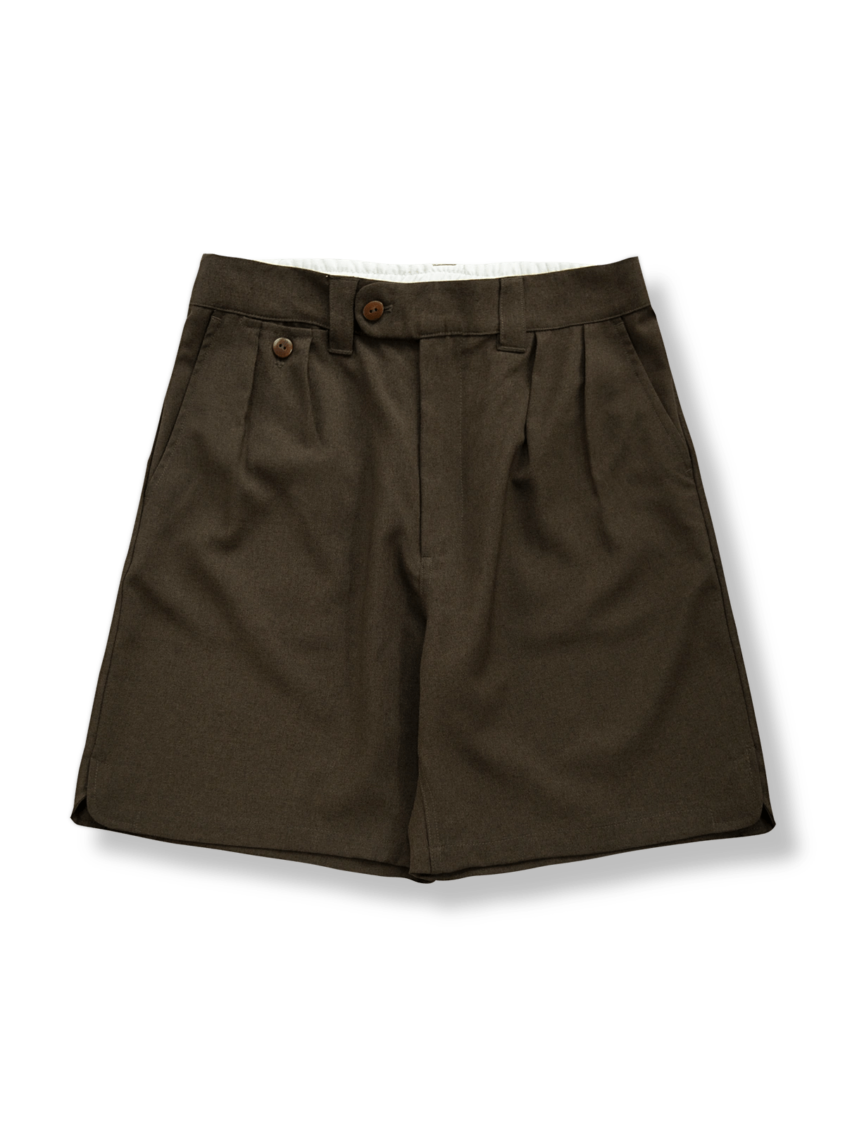 リネン風カチオン染め素材と後ろゴム、ツープリーツが特徴のスーツショートパンツ