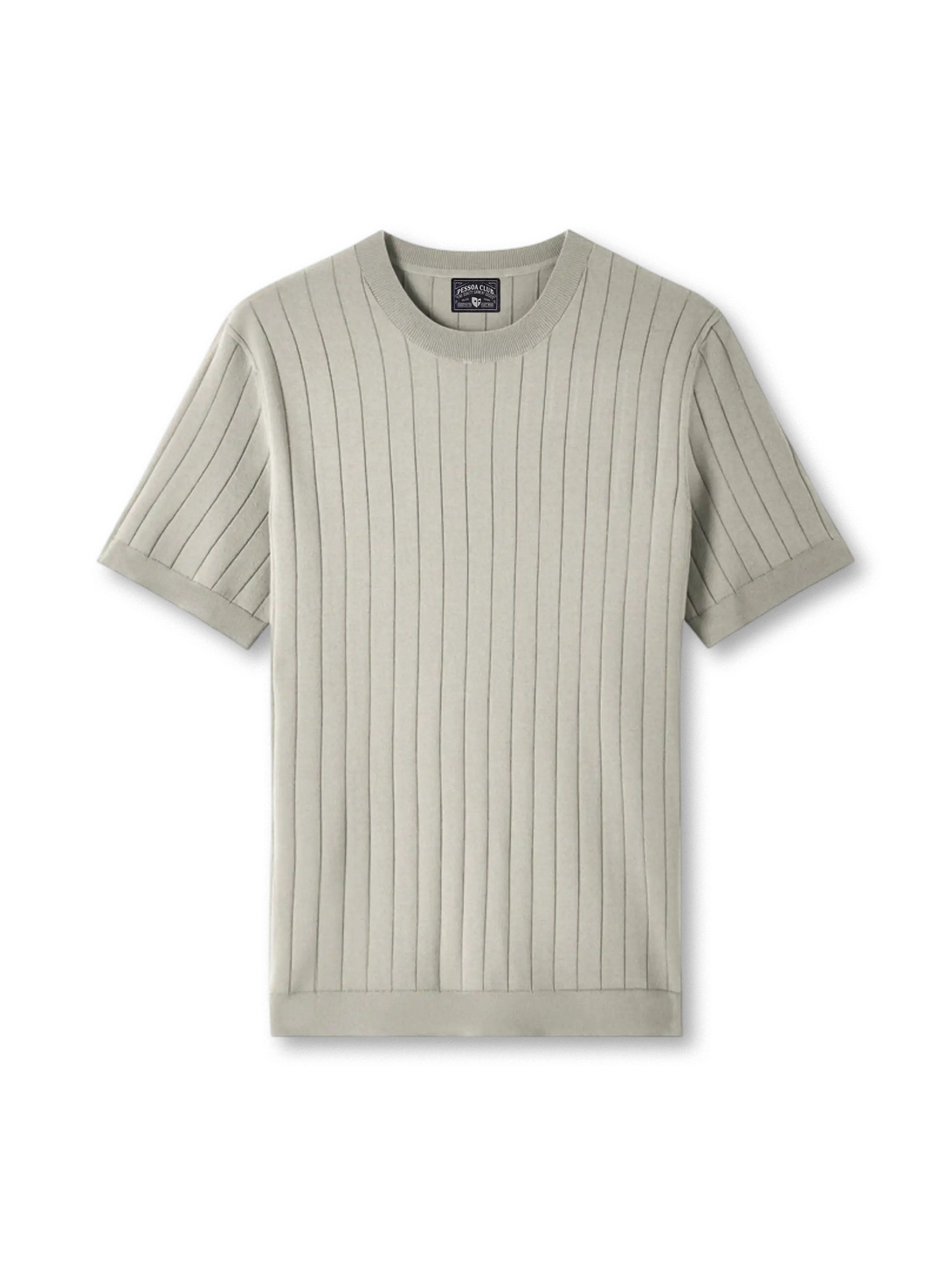 ELITEXリブニットショートスリーブTシャツの全身ビュー、立体的なリブ編みと滑らかな光沢を強調。