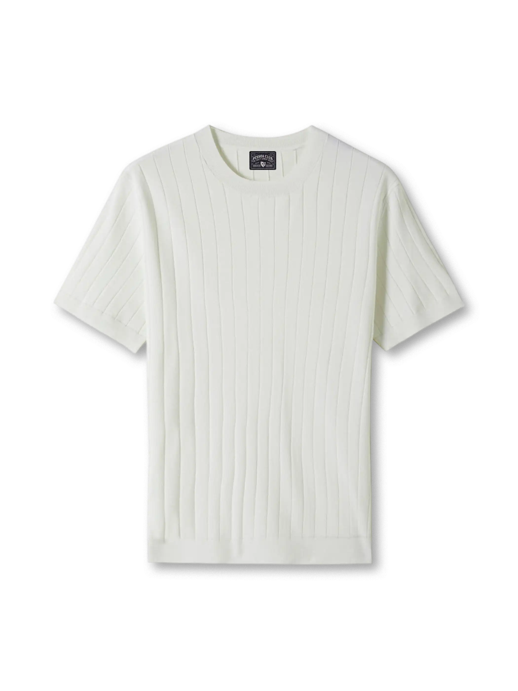 ELITEXリブニットショートスリーブTシャツの全身ビュー、立体的なリブ編みと滑らかな光沢を強調。