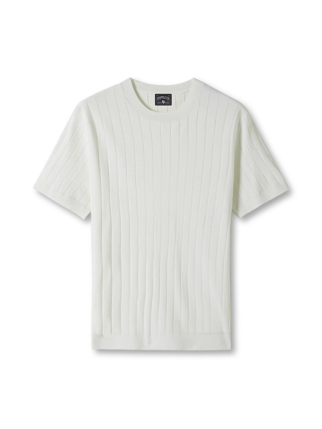 ELITEXリブニットショートスリーブTシャツの全身ビュー、立体的なリブ編みと滑らかな光沢を強調。