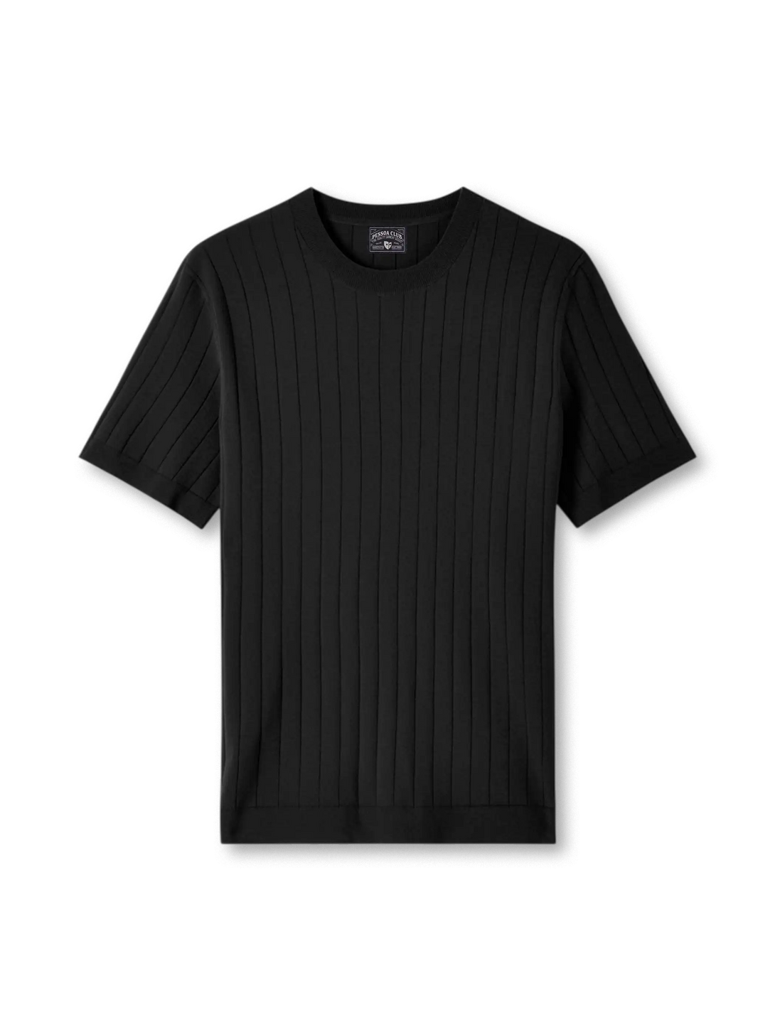 ELITEXリブニットショートスリーブTシャツの全身ビュー、立体的なリブ編みと滑らかな光沢を強調。