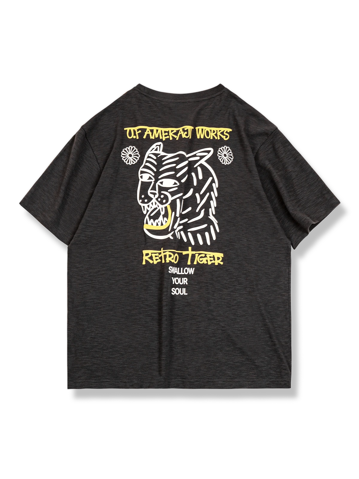 凹凸模様トラプリント半袖Tシャツ、ドロップショルダー、混紡素材、耐久性、柔らかい肌触り