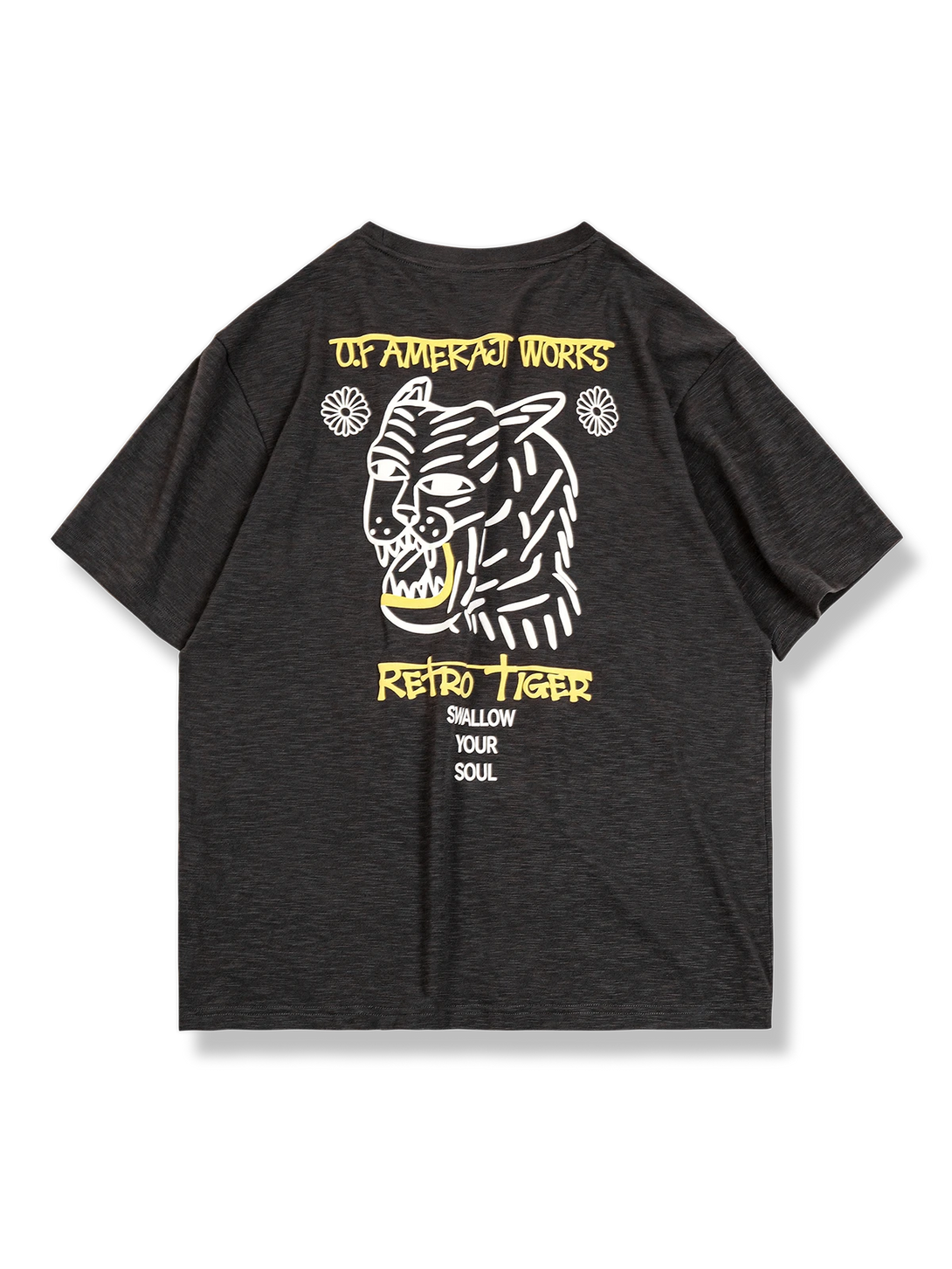 凹凸模様トラプリント半袖Tシャツ、ドロップショルダー、混紡素材、耐久性、柔らかい肌触り