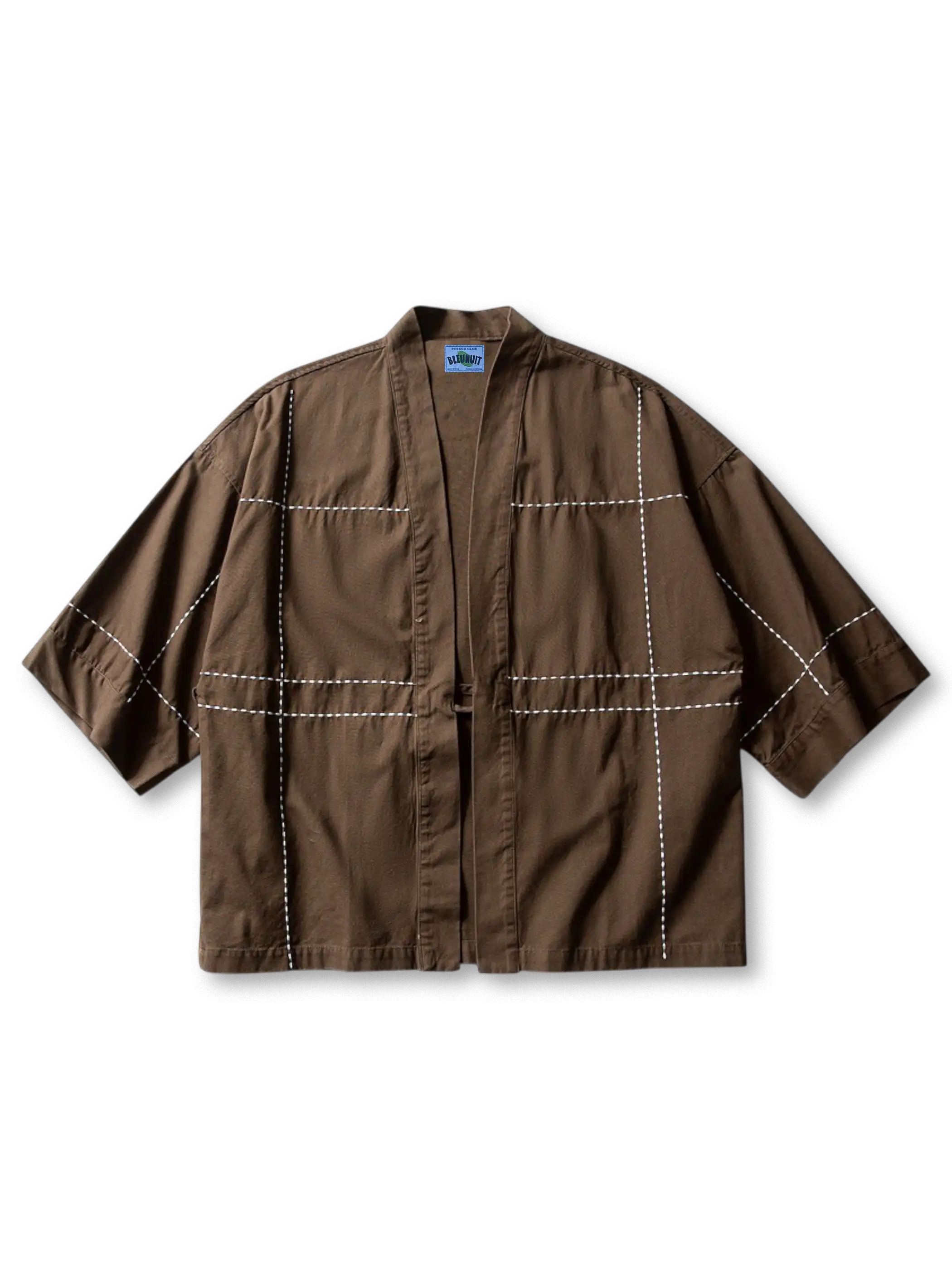 刺繍グリッドはんてんカーディガンシャツの全身ビュー、はんてん開襟とグリッド刺繍ディテールを強調。