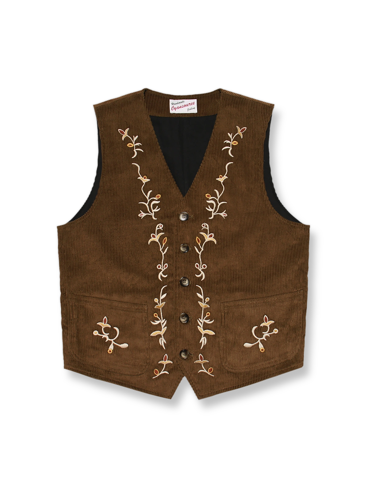 コーデュロイとデニム切替のワークベストに西部風コットン刺繍と純銅バックルを配したヴィンテージスタイルアイテム。