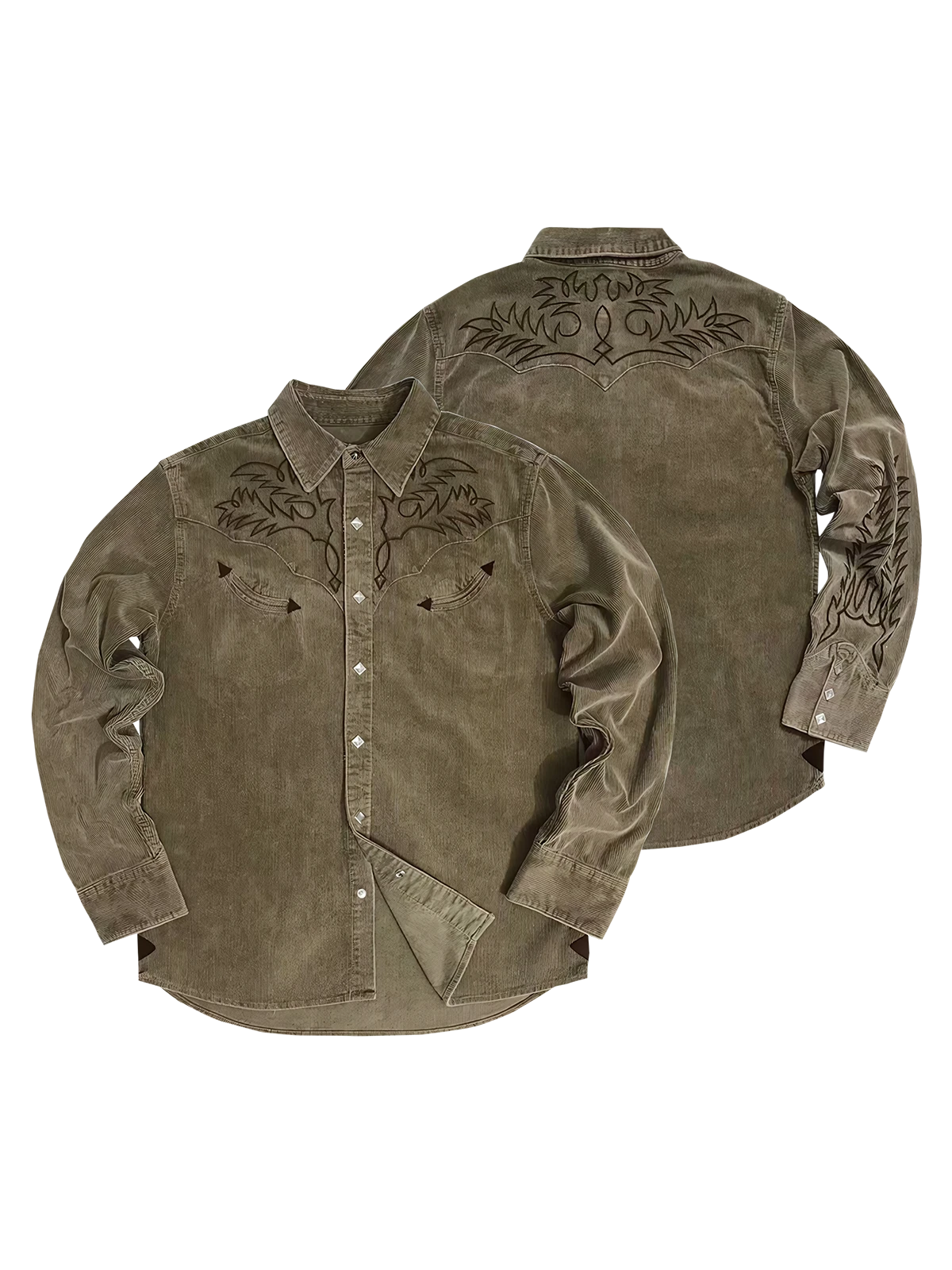 刺繍模様とレザーディテールが映える厚手コーデュロイシャツ。