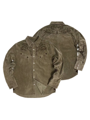 刺繍模様とレザーディテールが映える厚手コーデュロイシャツ。