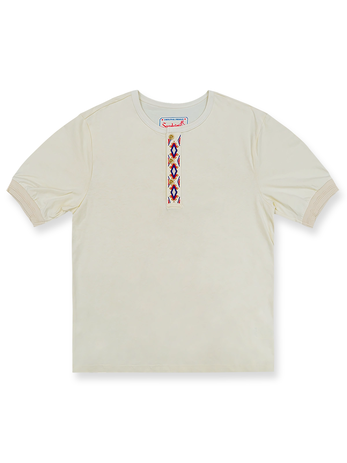 ネックラインの刺繍が映えるダブルコットンヘンリーネック半袖シャツ