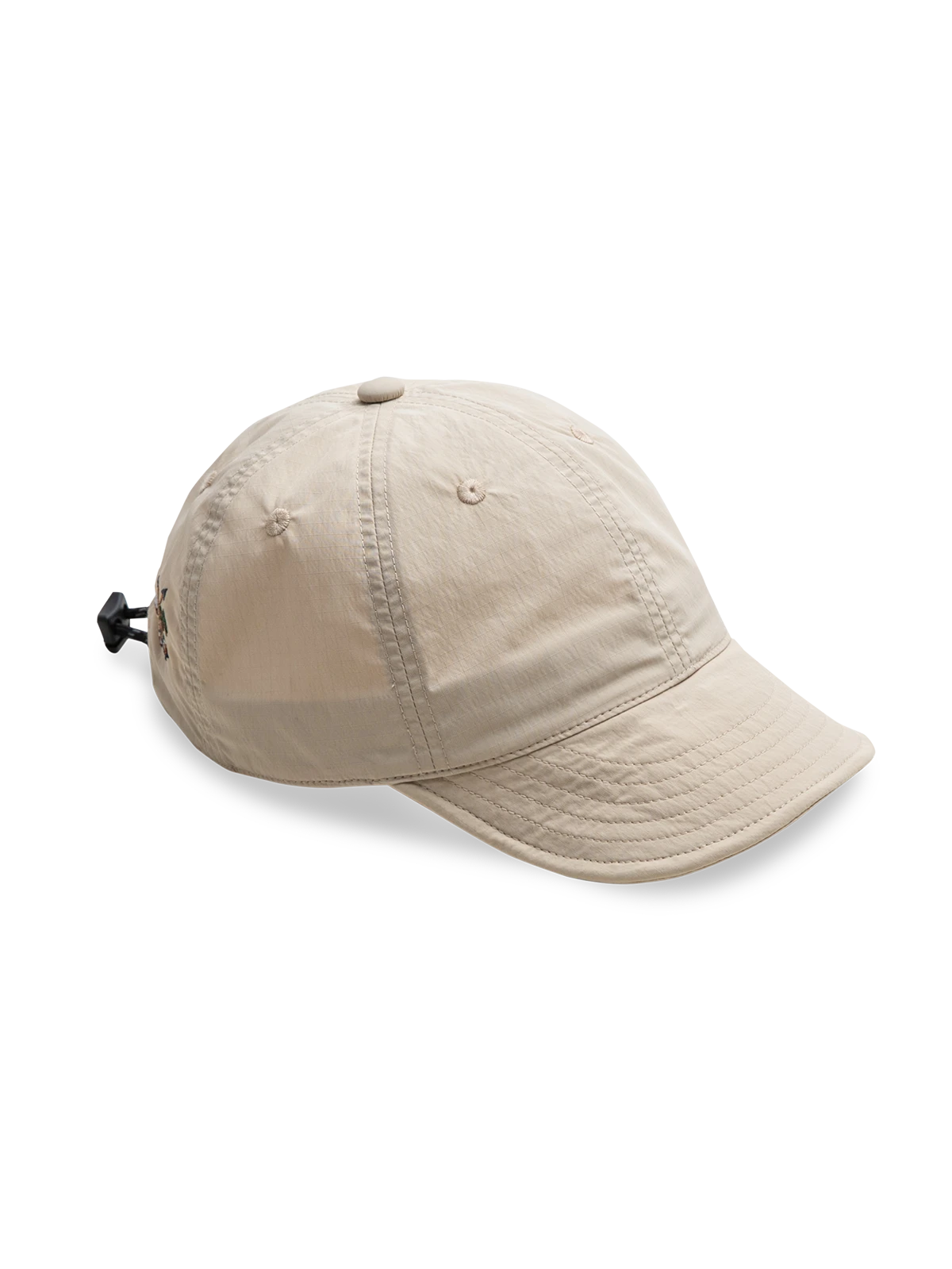 羽根アロー刺繍入り、変形可能なツバとドローコード付き速乾ナイロン素材のマウンテンキャップ