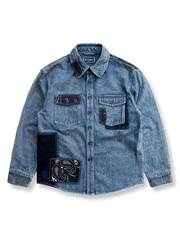 ソロナ素材とデニム調パッチワーク刺繍を融合したシャツ