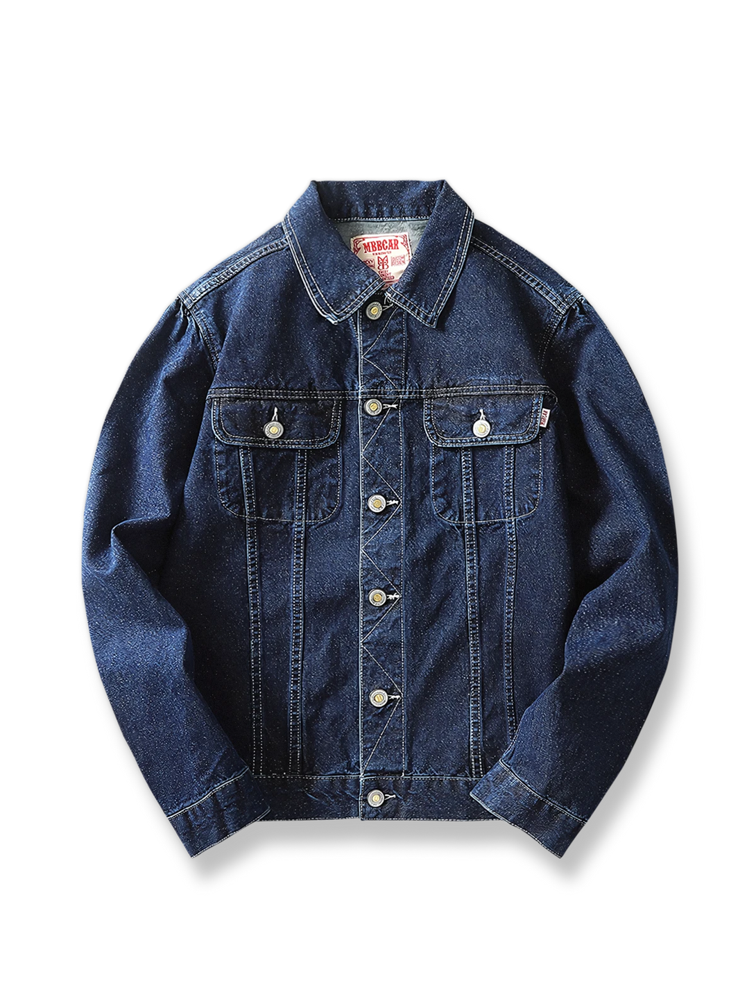 背面に「INVINCIBLE」刺繍と空軍モチーフを施したレッドセルビッジデニムのワークジャケット。