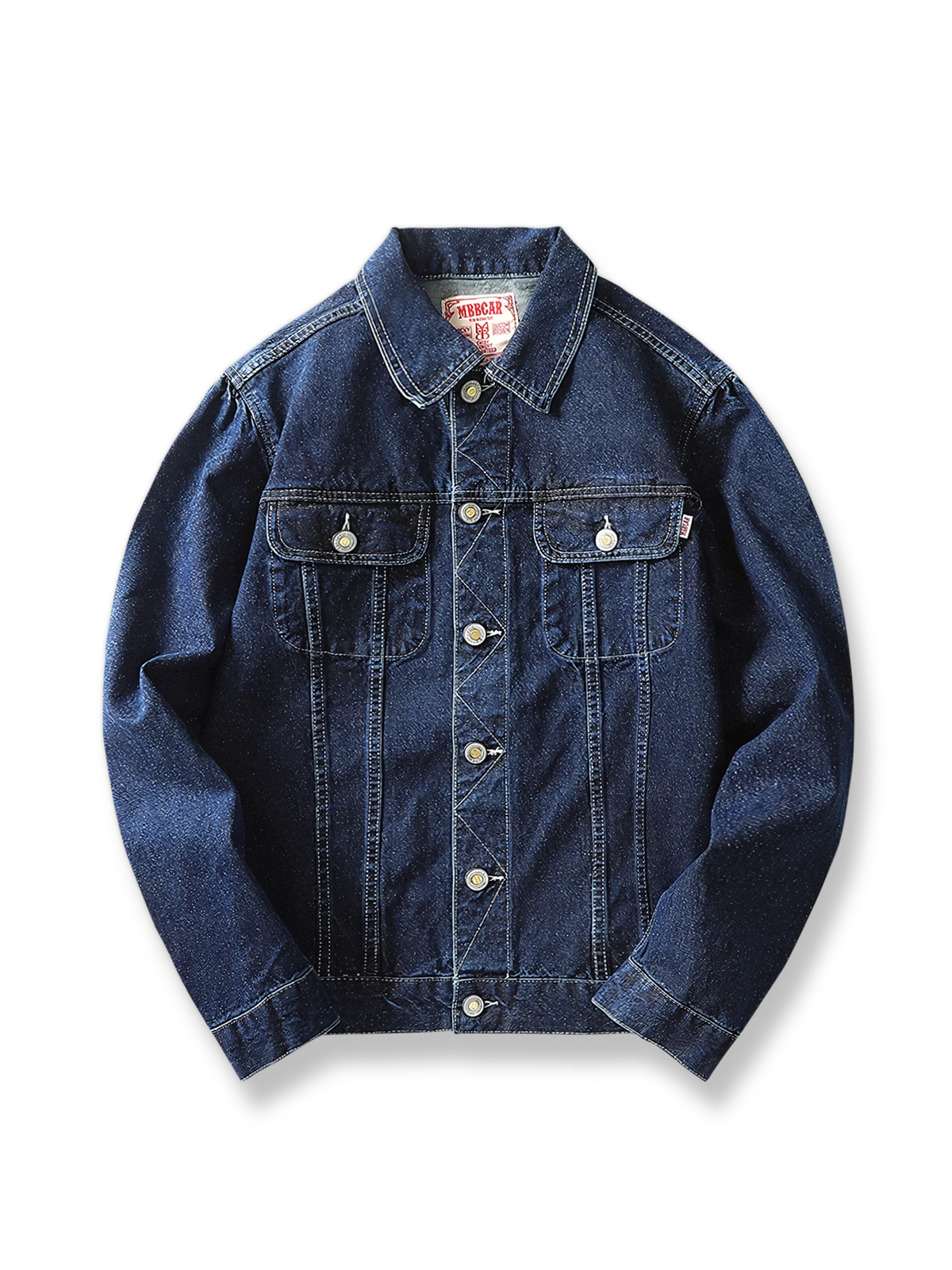 背面に「INVINCIBLE」刺繍と空軍モチーフを施したレッドセルビッジデニムのワークジャケット。