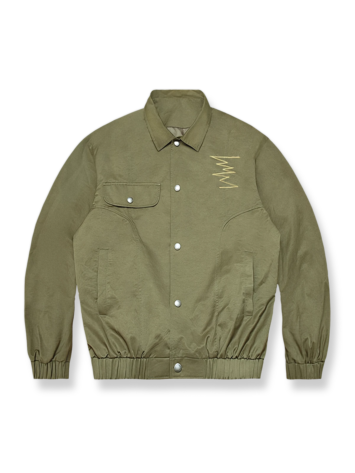 軍服を思わせるミリタリーグリーンに雷電刺繍が施されたワークジャケット