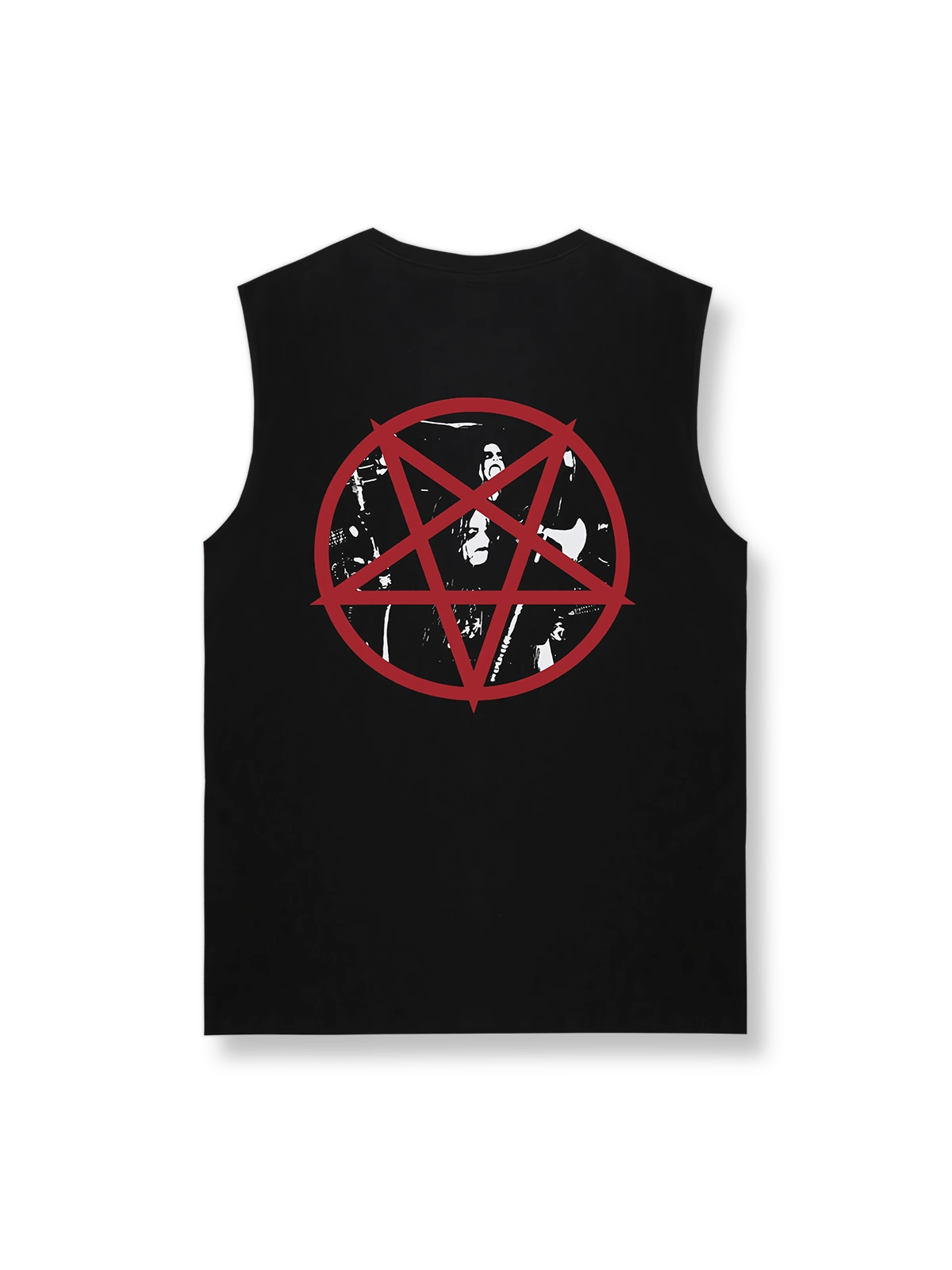 Emperor Tシャツのフロント、死神騎士のアートワーク、バックの五芒星とバンドメンバーの写真