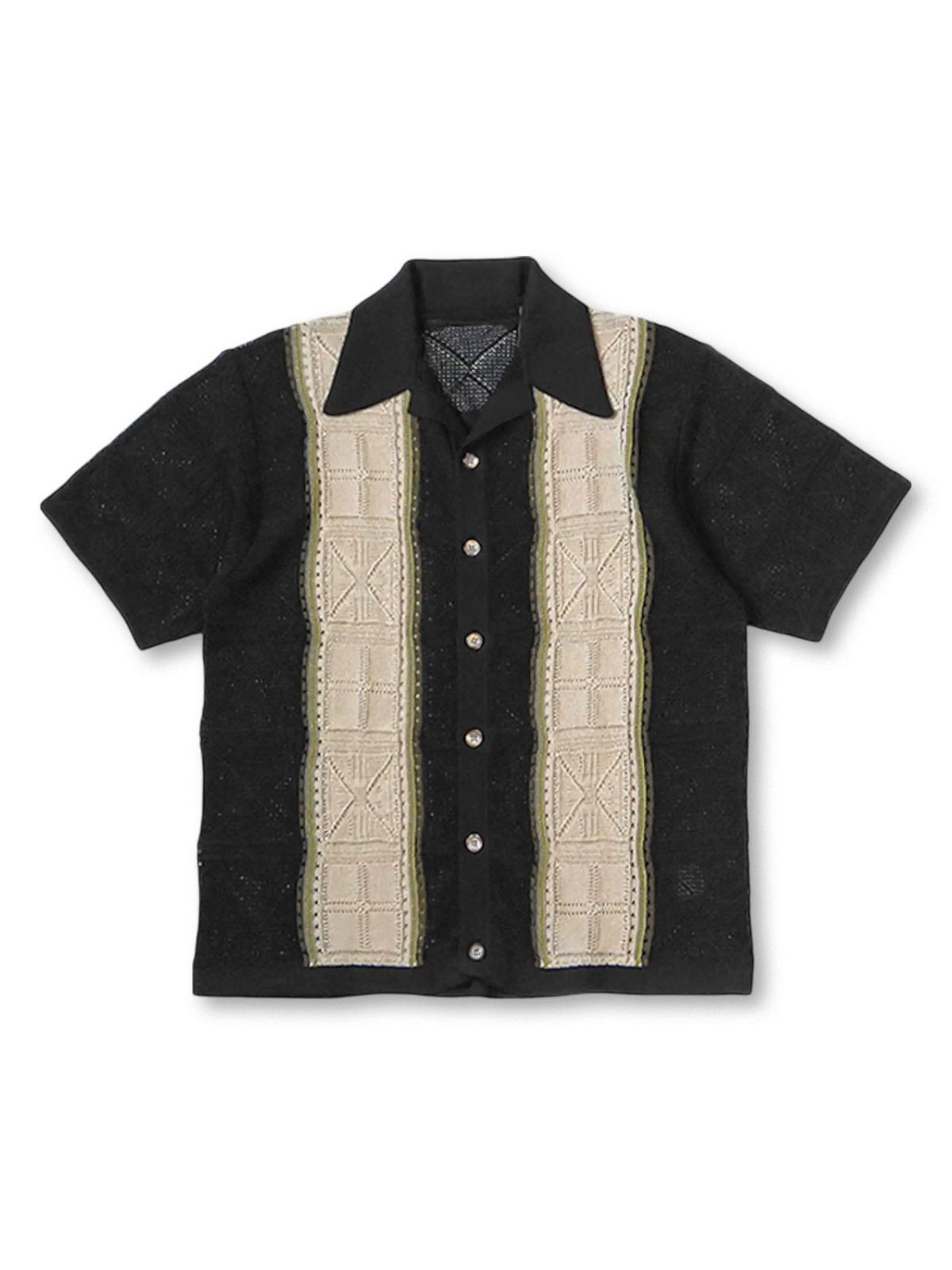 メッシュとエスニックパネル編みが映えるキューバカラーのニットポロ