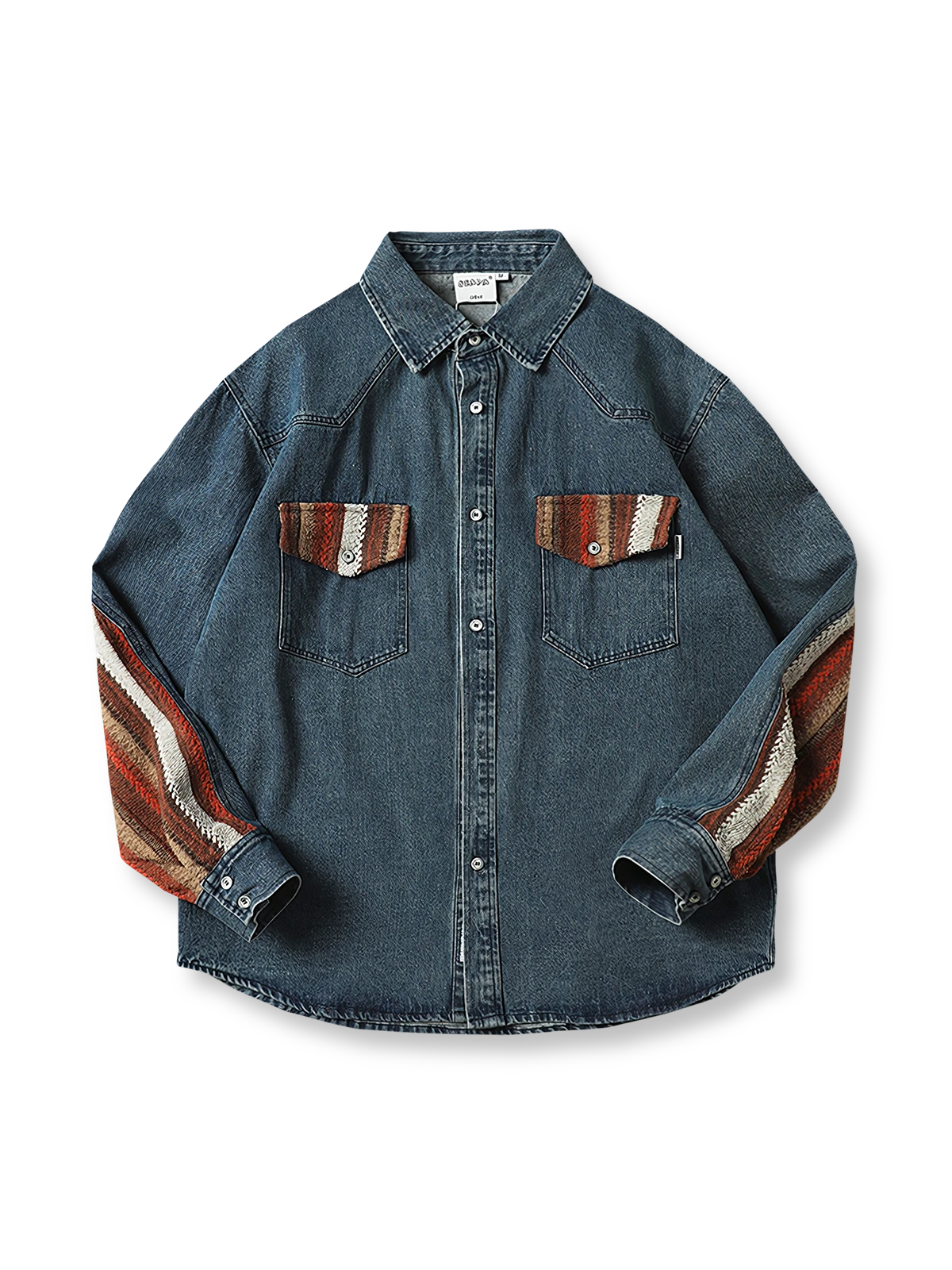 民族風パッチワークワークデニムシャツ