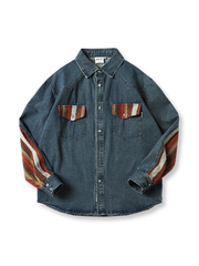 民族風パッチワークワークデニムシャツ