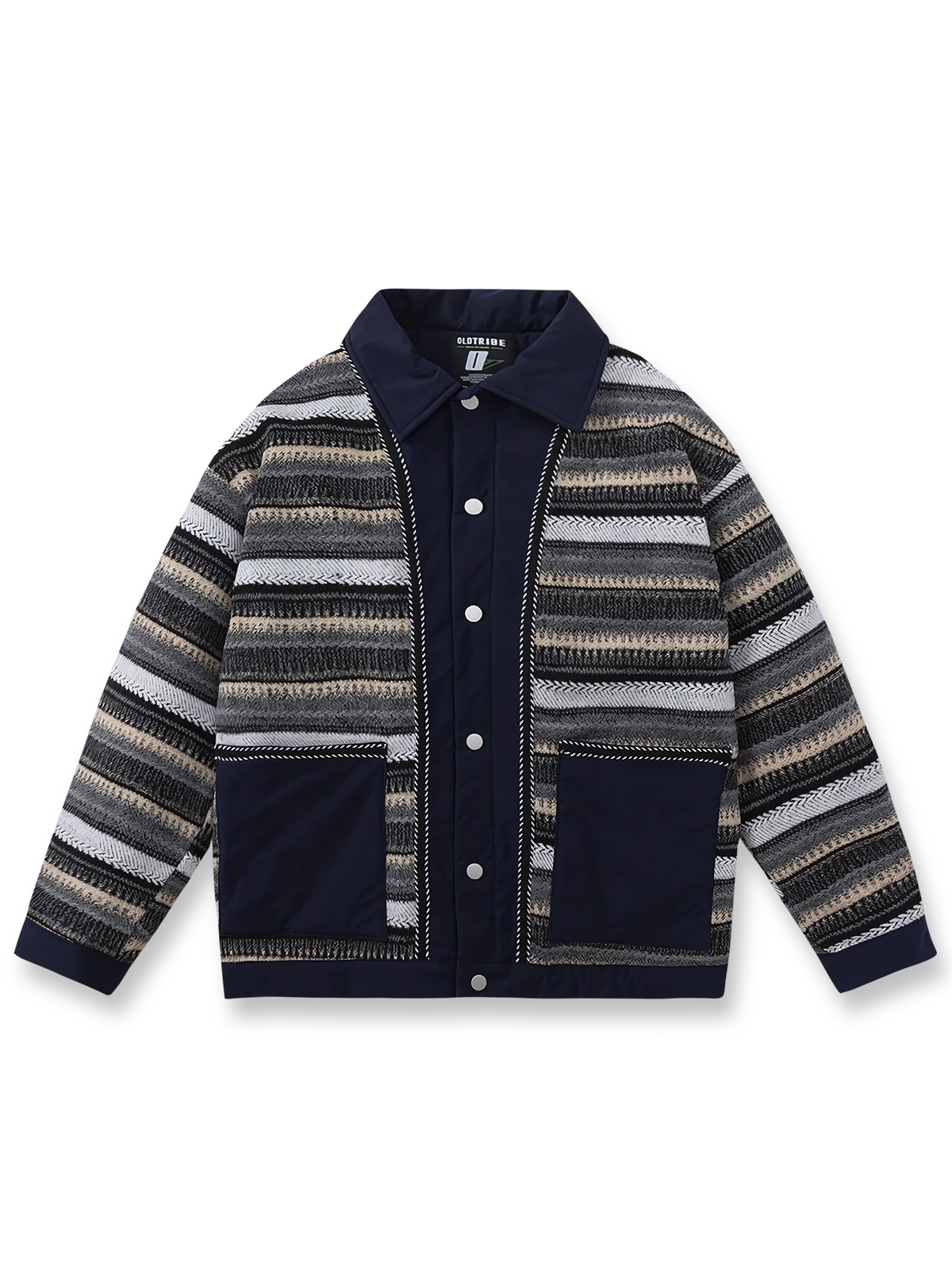 エスニック柄とバイカラーデザインを組み合わせた保温性に優れた中綿ジャケット