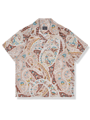 セルロース繊維と麻混紡の薄手素材とルーズフィットシルエットが特徴のエスニック調総柄アロハシャツ