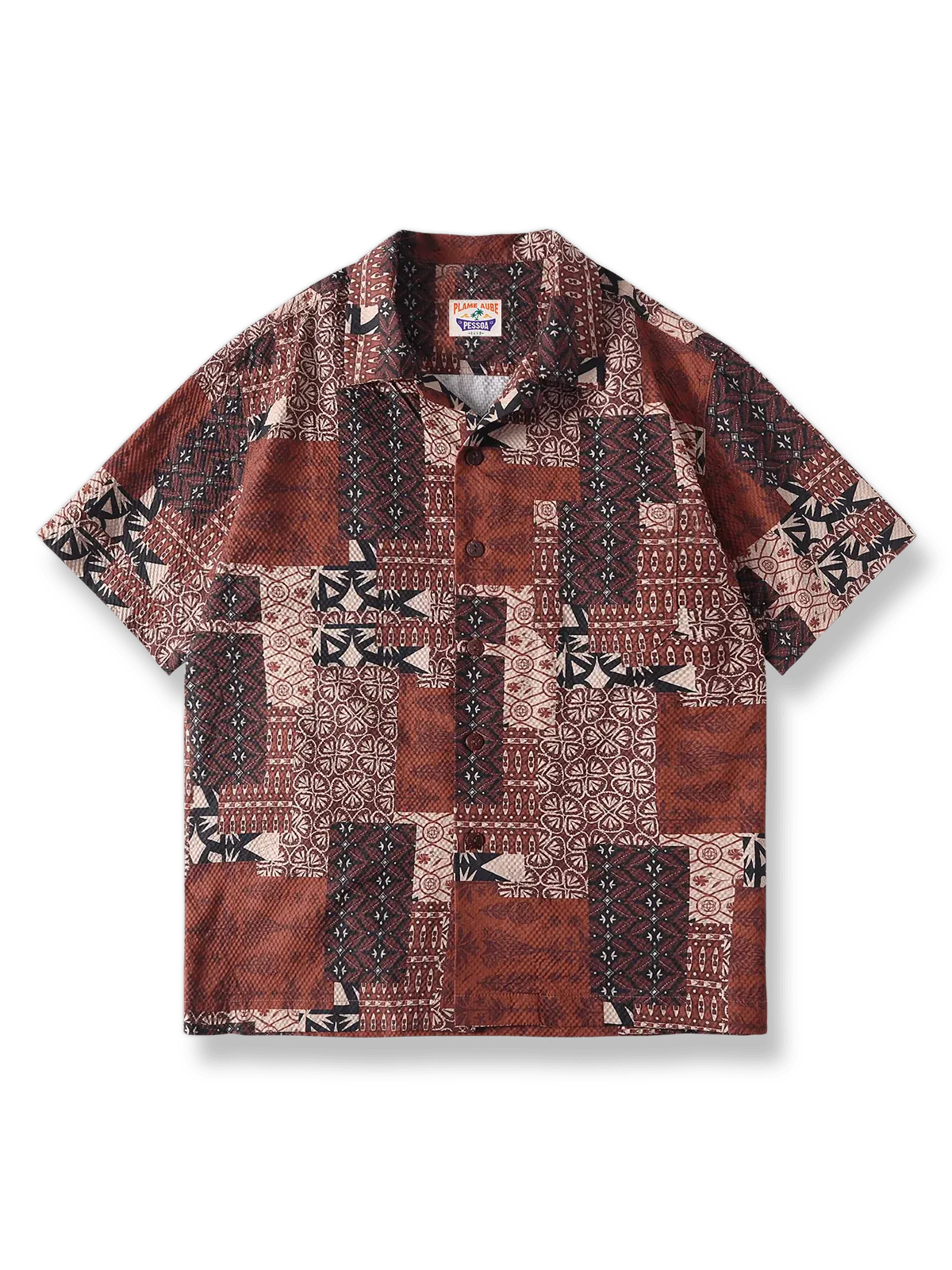 エスニックプリントが特徴のレーヨン混紡アロハシャツ