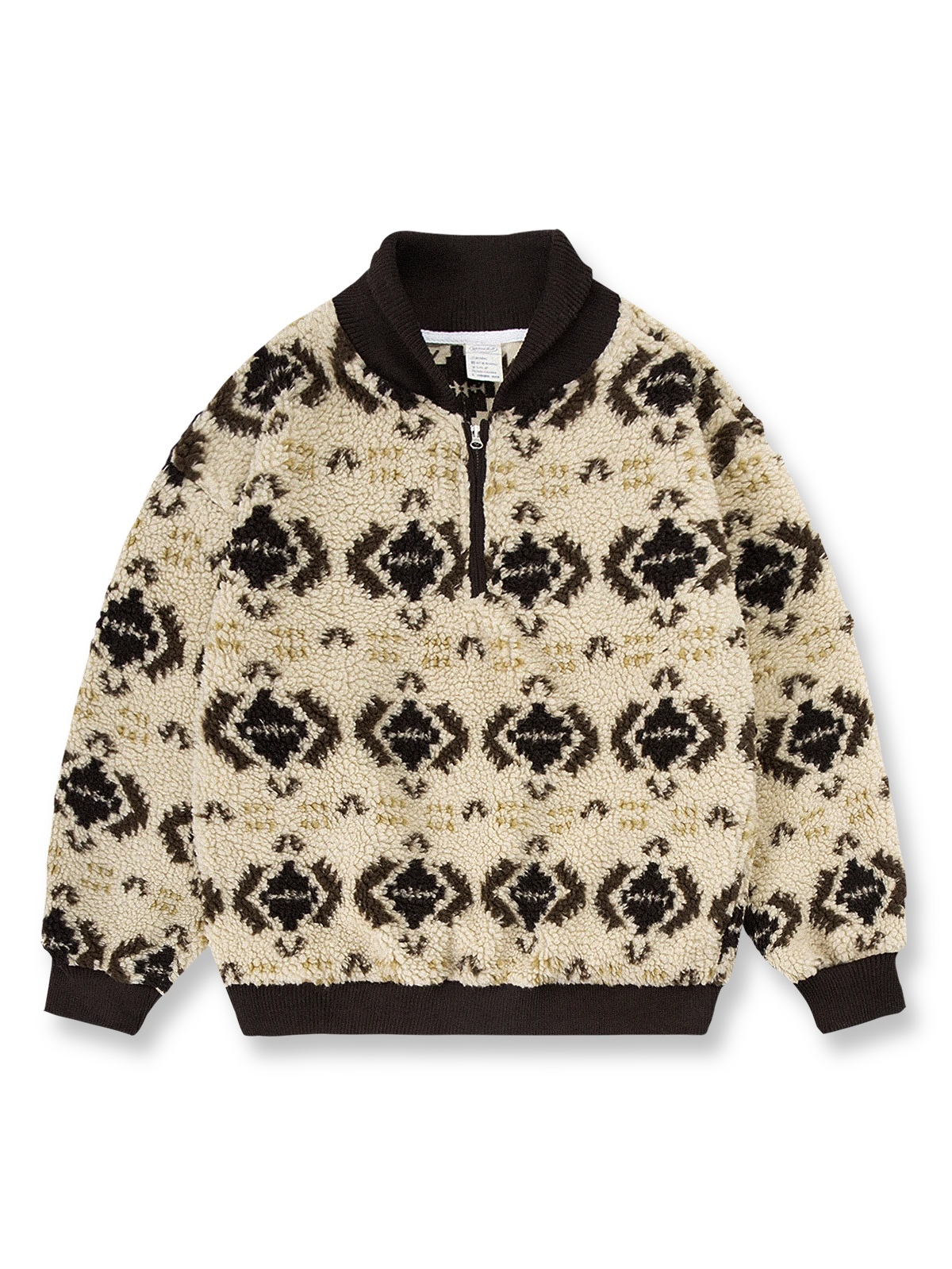 民族風プリントが施されたハーフジップフリーススウェット
