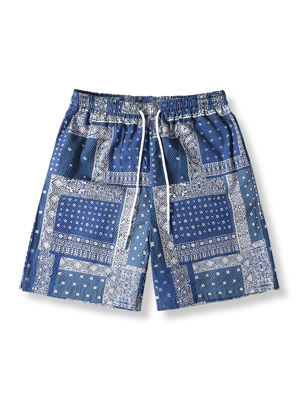 エスニック柄プリントと隠しポケットが特徴の速乾シワ加工ハワイアンショーツ