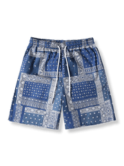 エスニック柄プリントと隠しポケットが特徴の速乾シワ加工ハワイアンショーツ