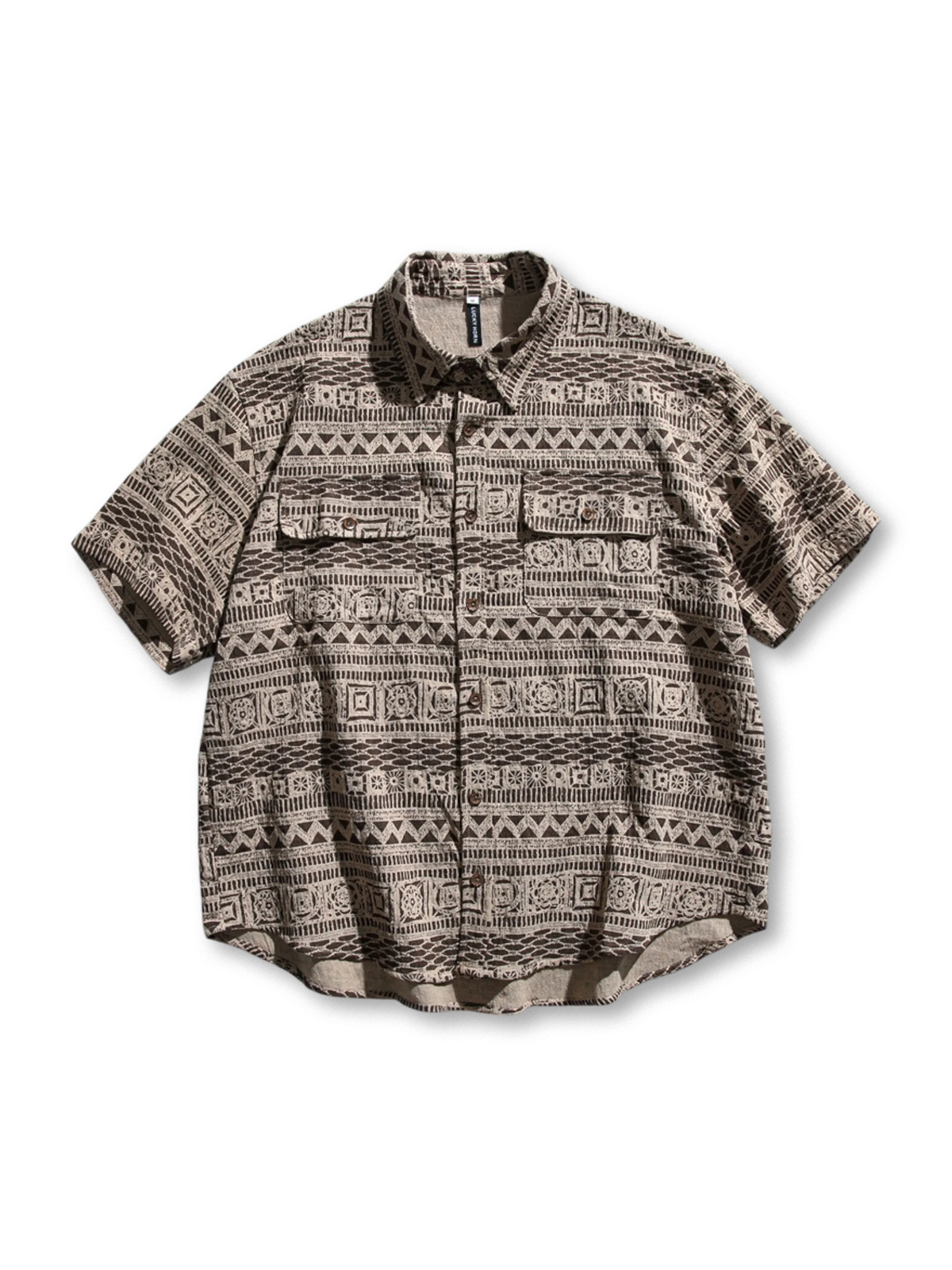 エスニック柄ブロックプリントと実用的ポケットが特徴のワークシャツ