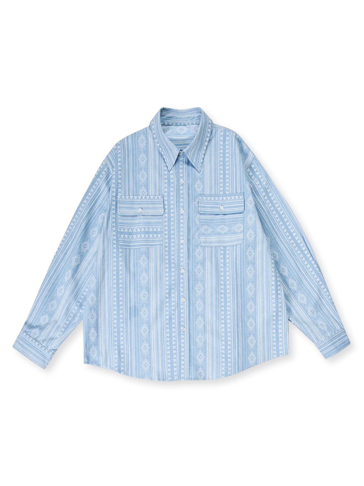 伝統的なネイティブ柄をモダンにアレンジしたストライプ長袖シャツ、秋のレイヤードスタイルに最適