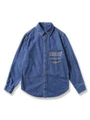 民族風ポケット付きデニム長袖シャツ、スタンダードカラー、プリーツ加工、通気性コットン素材