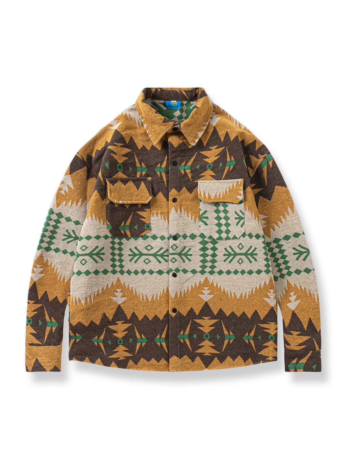 エスニック柄の厚手ウール長袖シャツで暖かく個性的なスタイルを演出。