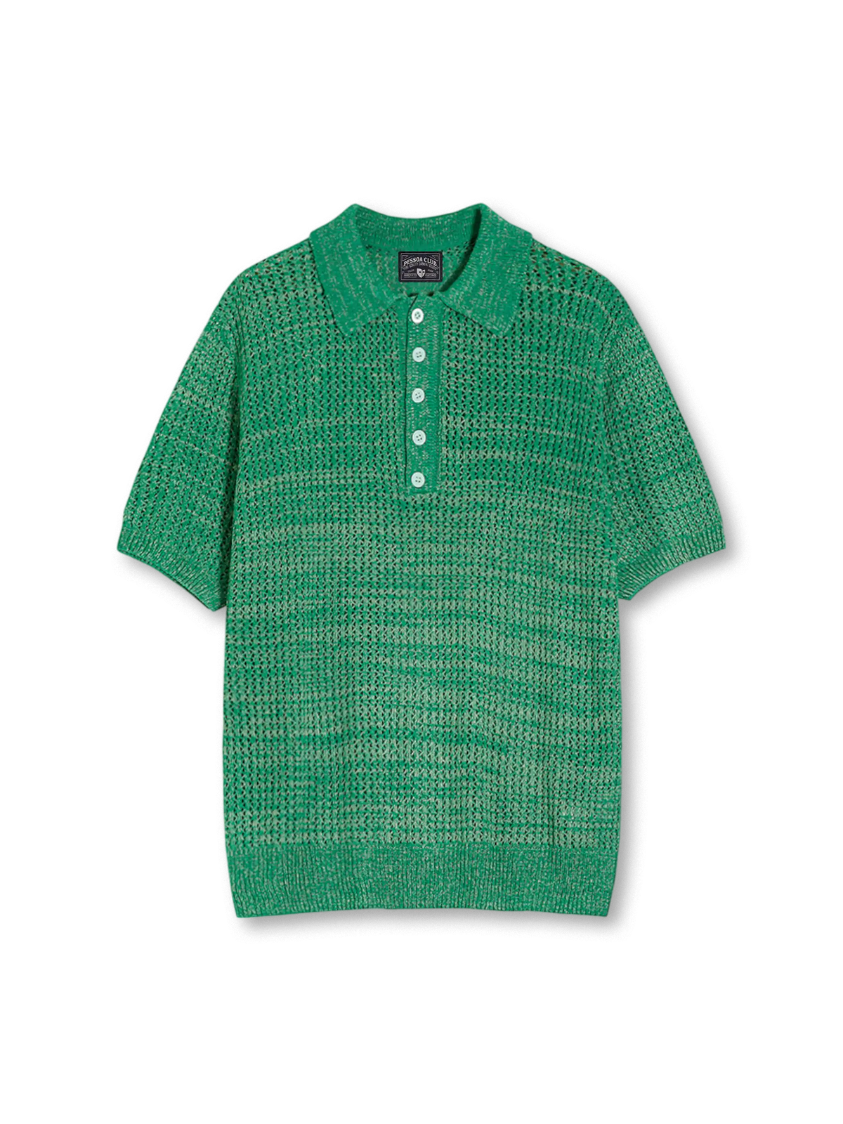 アイレット編みと3ボタンポロ衿が際立つニットポロシャツ