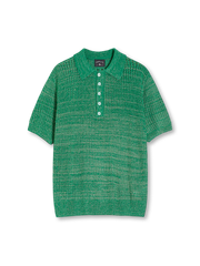 アイレット編みと3ボタンポロ衿が際立つニットポロシャツ