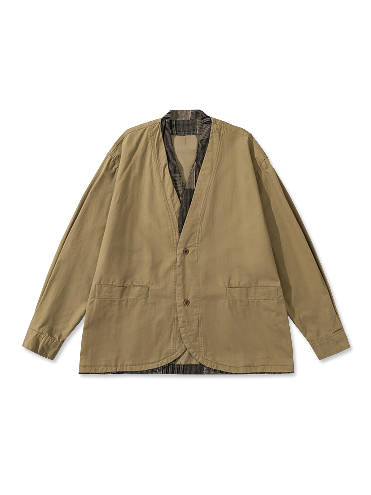 フェイク2in1ジャケット、内側チェック柄が特徴の高品質コットン素材の秋冬用ジャケット。シンプルでエレガントな襟元と実用的なポケット付き。