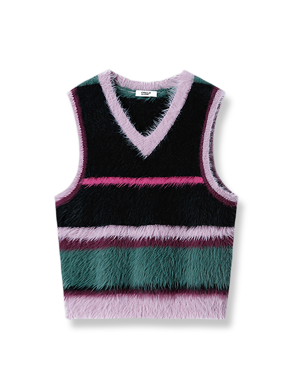フェイクミンク素材とカラーブロックストライプが特徴のVネックベスト