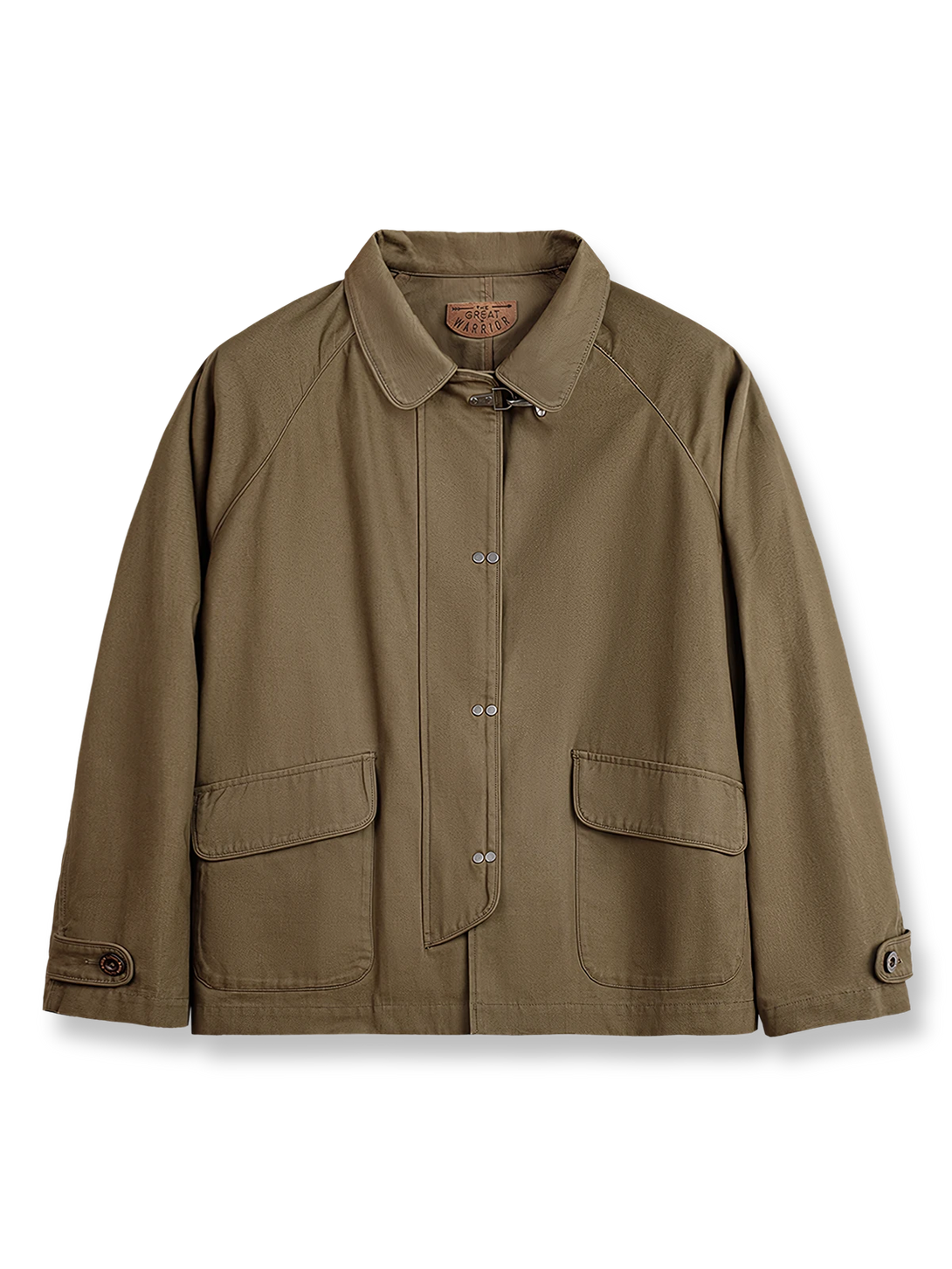 消防服風の金属バックルと厚手キャンバス素材が特徴のジャケット