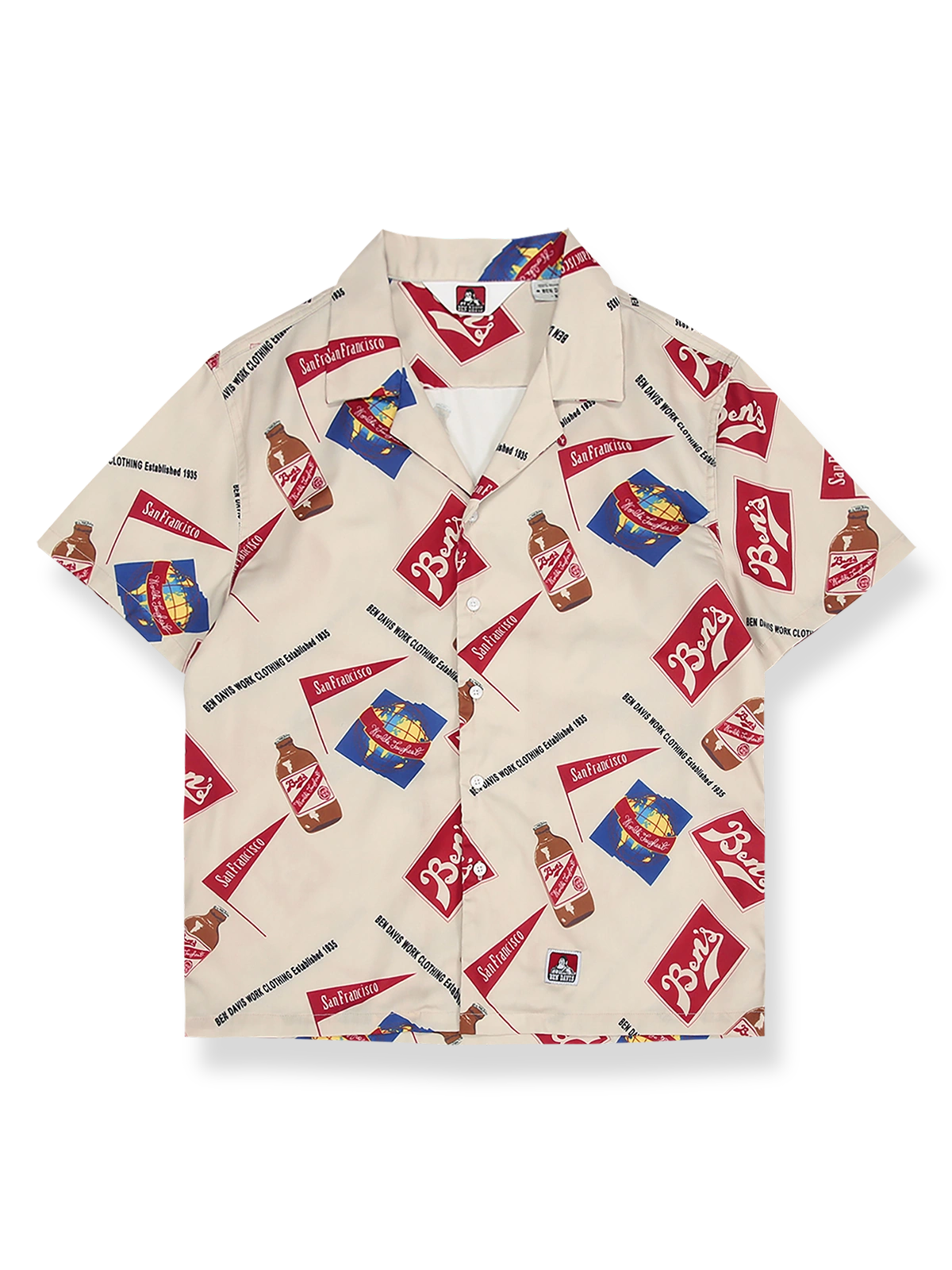 フラッグ柄とボトル柄のアロハシャツ