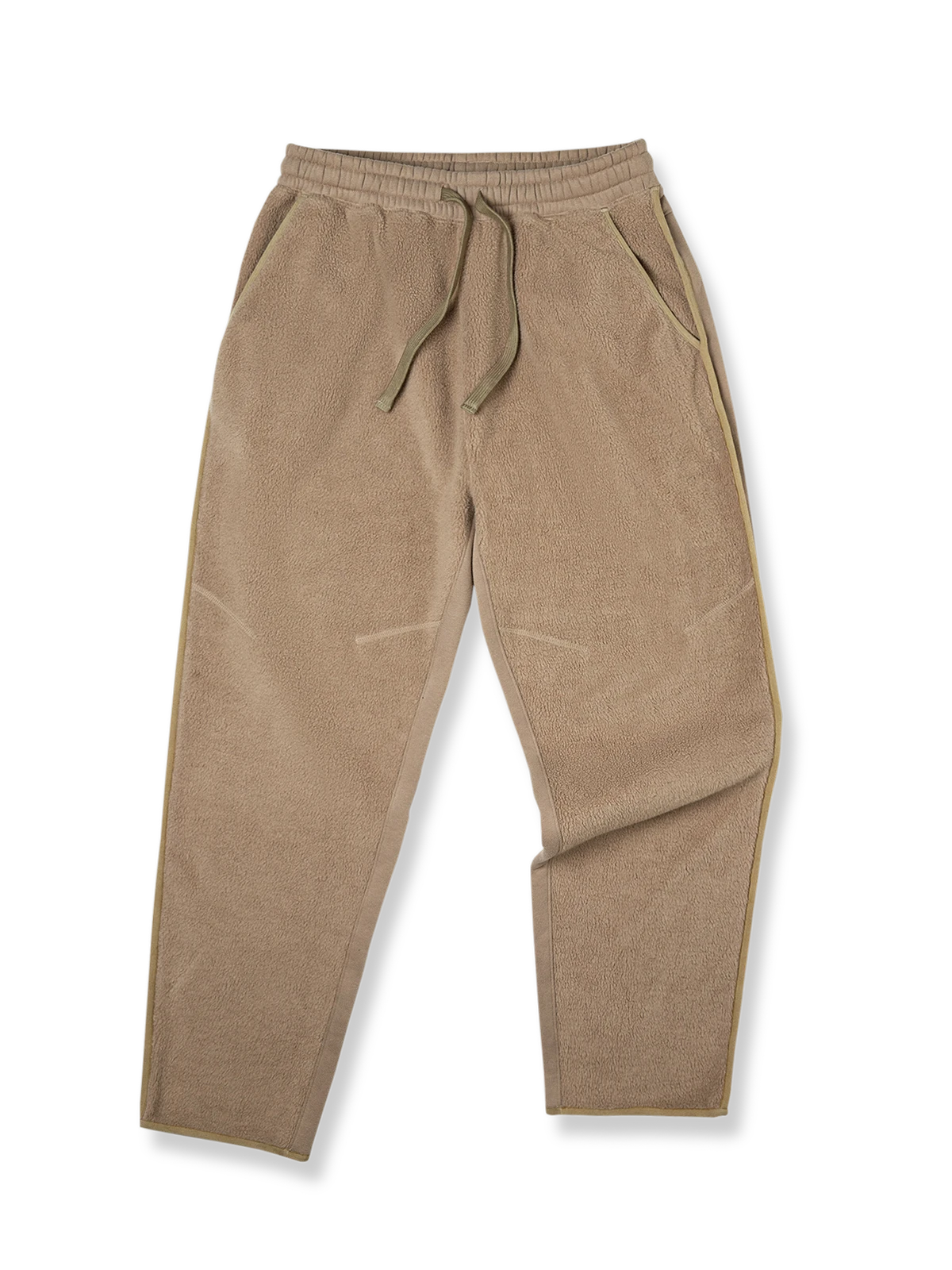 異素材切り替えデザインのフリースコンビスラックスの全体と生地ディテールを写した写真