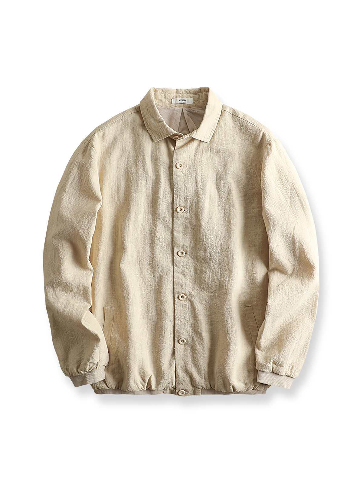 裏フリースライニングとリネン混紡素材が特徴のカジュアルジャケットの全体像。