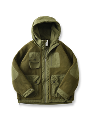 アメカジ風パッチワークと防風機能付きフードの中綿ジャケット。ダイヤ柄キルティング裏地と大容量ポケット付き。