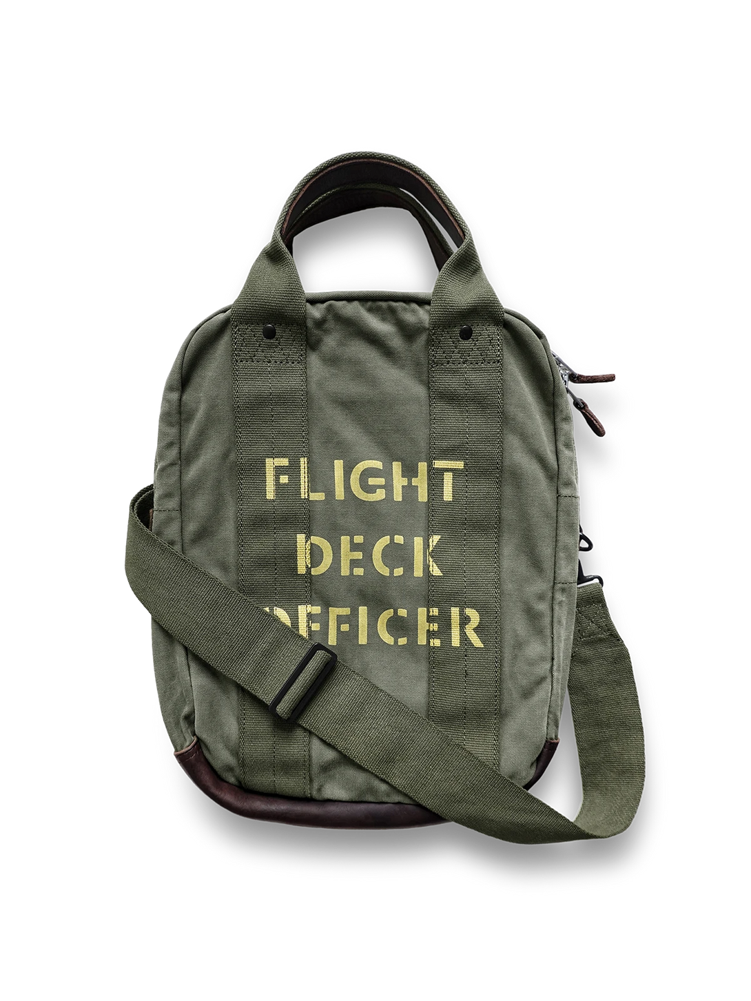 「FLIGHT DECK OFFICER」印字グリーンバッグ、カラーブロックキャンバス素材、耐久性抜群、ミリタリースタイル